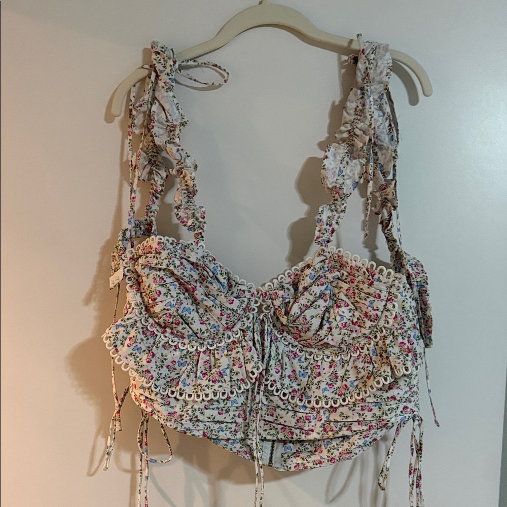For Love & Lemons White Floral Ruffled Tie-Shoulder Crop Top